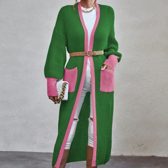 Relaxiva Contrast Trim Dual Pocket Contrast Trim Lantern Sleeve Duster Cardigan